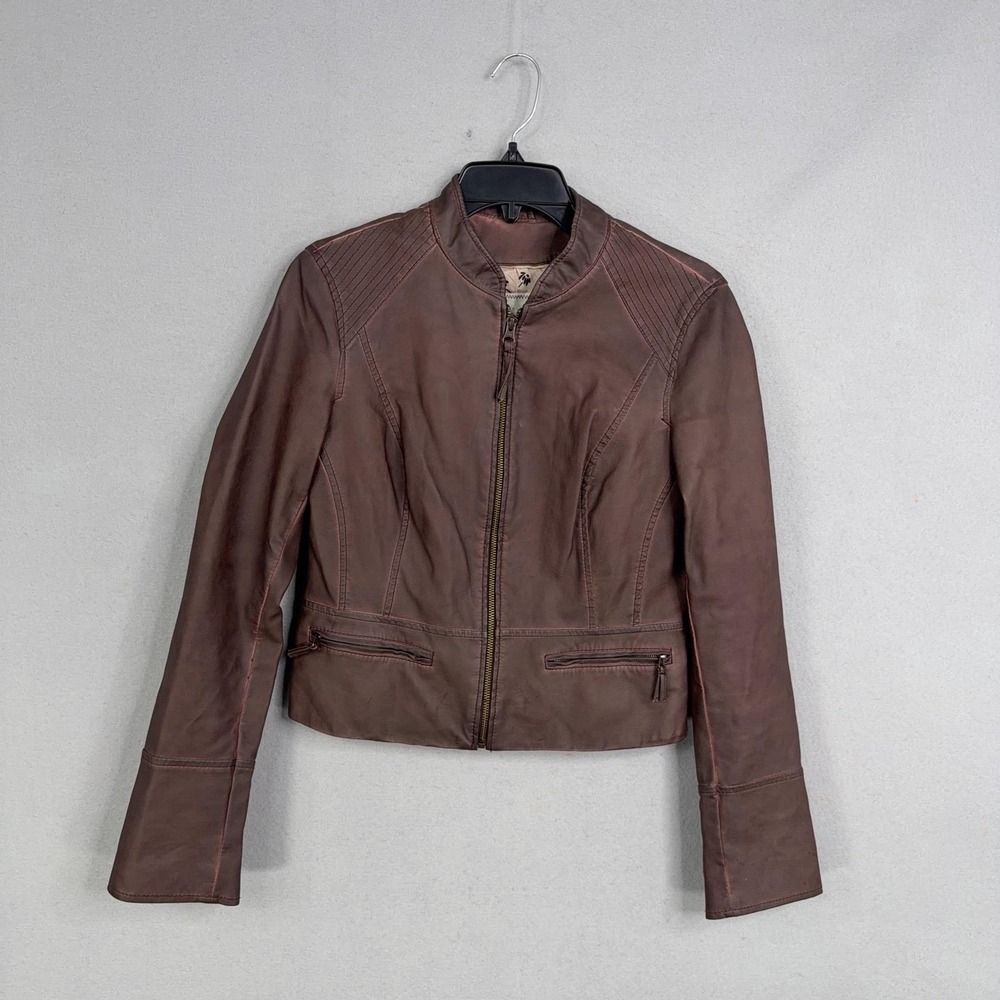 Hei Hei Jacket Womens Small Brown Faux Leather Moto Zip Pockets Short Biker